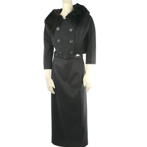 Kennie Belted Black Wool Skirt Suit Mink Fur Collar Jacket Vintage Set Size S